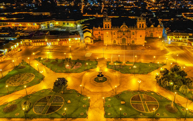 Night aerial view over empty Plaza de Armas from Cusco, Peru during Coronavirus lockdown