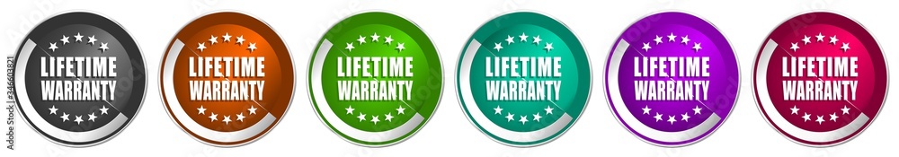 Poster Lifetime warranty icon set, silver metallic chrome border vector web buttons in 6 colors options for webdesign
