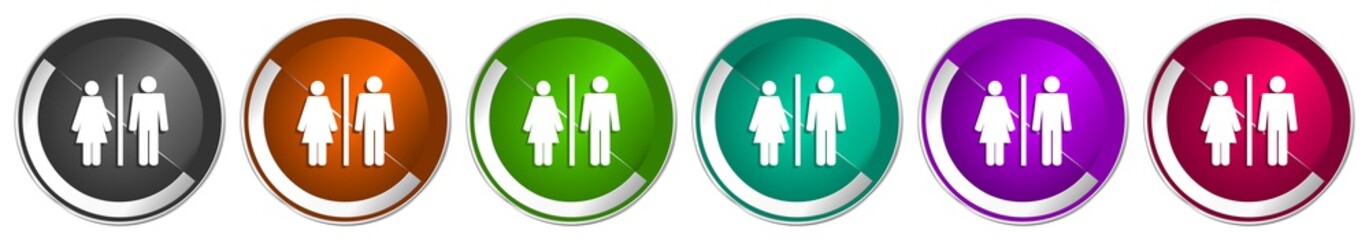 Man and Woman icon set, silver metallic chrome border vector web buttons in 6 colors options for webdesign
