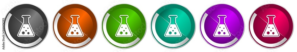 Poster science, laboratory, chemistry icon set, silver metallic chrome border vector web buttons in 6 color