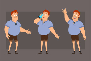 Cartoon flat funny cute redhead fat boy character in blue shirt. Ready for animations. Man talking on phone, shaking hands and showing hello gesture. Isolated on gray background. Big vector icon set.