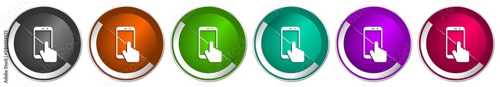 Aufkleber smartphone icon set, mobile phone silver metallic chrome border vector web buttons in 6 colors optio