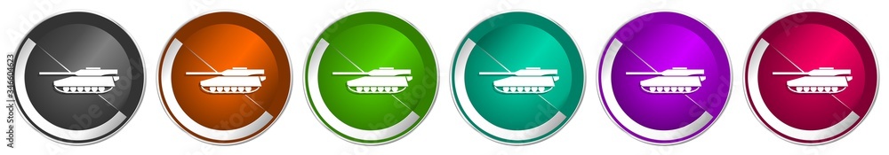 Aufkleber tank icon set, army, military, war vehicle silver metallic chrome border vector web buttons in 6 col