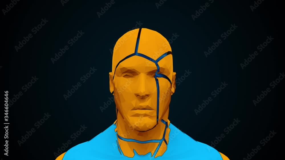 Poster human head with collapsing face. computer generated futuristic background. 3d rendering head deformi