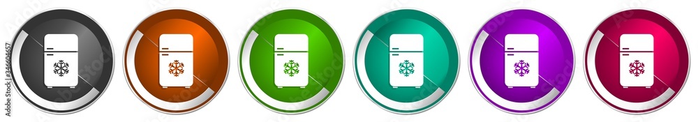 Aufkleber Refrigerator icon set, fridge, cooler silver metallic chrome border vector web buttons in 6 colors options for webdesign