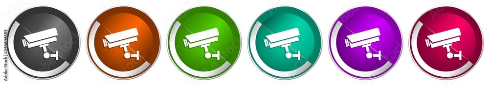 Poster Cctv camera icon set, silver metallic chrome border vector web buttons in 6 colors options for webdesign