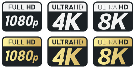Black, white and golden video or screen resolution icons. Set from 1080p to 8k