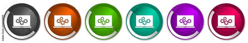 Leinwandbilder Laptop icon set, notebook, computer silver metallic chrome border vector web buttons in 6 colors options for webdesign
