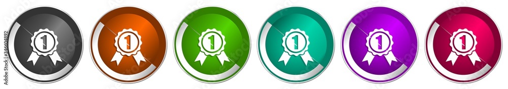 Poster Badge icon set, first, number one silver metallic chrome border vector web buttons in 6 colors options for webdesign