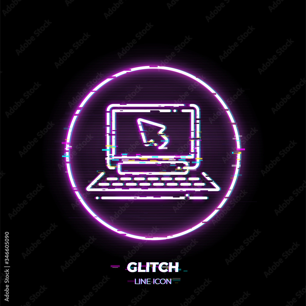 Poster laptop with mouse cursor line art vector icon. outline symbol of notebook. action click pictogram ma