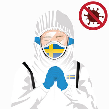 Covid-19 or Coronavirus concept. Swedish medical staff wearing mask in protective clothing and praying for against Covid-19 virus outbreak in Sweden. Swedish man and Sweden flag. Epidemic corona virus