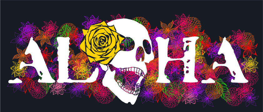 Aloha Skull and flowers print embroidery graphic design vector art