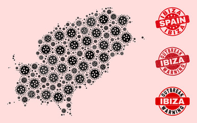 Outbreak collage of covid-2019 mosaic Ibiza Island map and grunge seal stamps. Vector red seals with unclean rubber texture and Outbreak Warning caption.