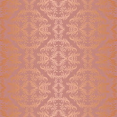Damask openwork seamless floral pattern. Coral pastel gold background color, lace fabric in vector