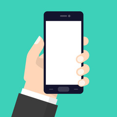Mobile phone in a man's hand. Flat design, vector illustration for your web sites, applications, web design. Business style.