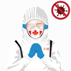 Covid-19 or Coronavirus concept. Canadian medical staff wearing mask in protective clothing and praying for against Covid-19 virus outbreak in Canada. Canadian man and Canada flag. Epidemic virus