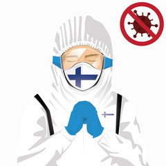 Covid-19 or Coronavirus concept. Finnish medical staff wearing mask in protective clothing and praying for against Covid-19 virus outbreak in Finland. Finnish man and Finland flag. Epidemic virus