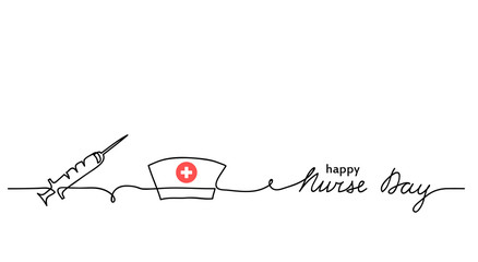 Happy Nurse Day simple vector background with syringe, nurse cap or hat. Minimalist web banner. Nurse day lettering. One continuous line drawing.