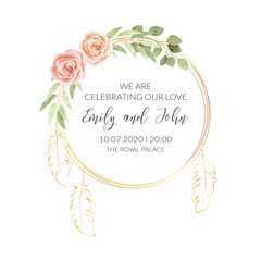 Watercolor floral frame. Wedding invitation card.