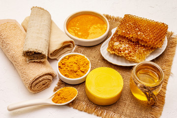 Spa concept. Self care with honey and turmeric. Natural organic cosmetics, homemade product, alternative lifestyle