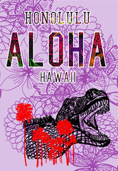 Aloha dinosaur print and embroidery graphic design vector art