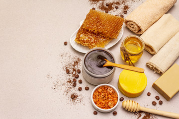 Spa concept. Self care with honey, coffee and turmeric. Natural organic cosmetics, homemade product, alternative lifestyle