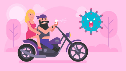 Biker and girl ride motorcycle and against COVID-19. Vector illustration
