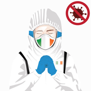 Covid-19 or Coronavirus concept. Irish medical staff wearing mask in protective clothing and praying for against Covid-19 virus outbreak in Iceland. Irish man and Iceland flag. Pandemic corona virus