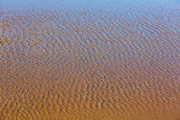 Water and sand texture. Ocean beach. Natural background. Sea waves pattern. Water on the sand. Sunny sea view.