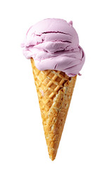 Blueberry ice cream in waffle cone isolated on white.