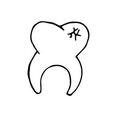 White tooth with cracked enamel on white isolated background, hand drawn sketch. Vector illustration in doodle style.