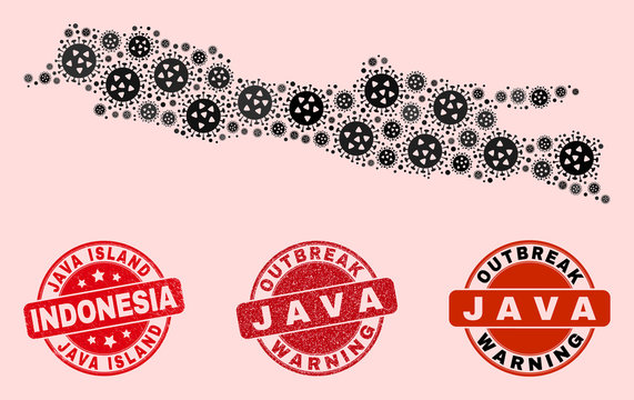 Outbreak composition of covid-2019 mosaic Java Island map and grunge stamps. Vector red imprints with corroded rubber texture and Outbreak Warning caption.