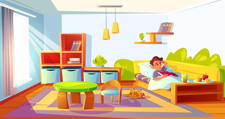 Sick child with fever in bed with thermometer in mouth. Diseased boy feel so bad got influenza relaxing in bedroom with book in hands and intact meal. Cold symptom, illness cartoon vector illustration