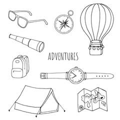 Hand drawn set of outline travel items on white background.