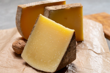 French cheese Comte, three varieties 1 year matured Prestige, fruity flavoured Fruite and Vieille Reserve