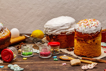 Easter cake decoration. Icing-sugar, topping, edible beads