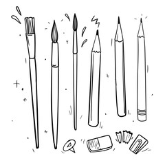 vector hand drawn painting tools, art materials. mixed media set. brush, pencil, eraser, pencil sharpener