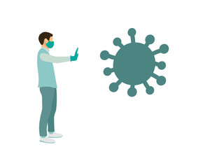 man in a medical mask and gloves extended his hand towards the show stop coronavirus. flat vector illustration