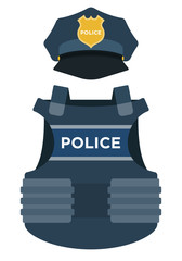 Uniform element of a police cap and body armor vector icon flat isolated.