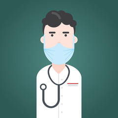 Health care professional worker. Male doctor in white uniform with breathing mask, stethoscope and name badge. Hospital staff. Trustable occupation. Man. Dark hair. Simple. Vector character.