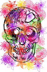 Skull and colorful flowers print and embroidery graphic design vector art