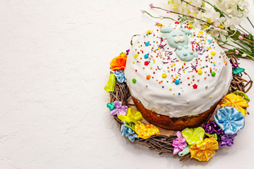 Easter cake on white putty background. Traditional Orthodox festive bread