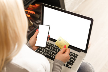 woman shopping online. Empty laptop screen template