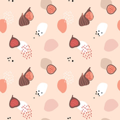 Pink seamless pattern with whole and sliced figs fruit and dots. Summer, autumn textile, fabric or scrapbooking design with fruit and abstract sgeometric hapes. Mediterranean illustration background.