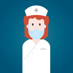 Health care professional worker. Woman. Nurse in white uniform with breathing mask, hair cap and name badge. Vector character.