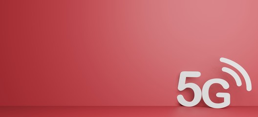 Business Concept 3D rendering. 5G symbol in front of a red background.
