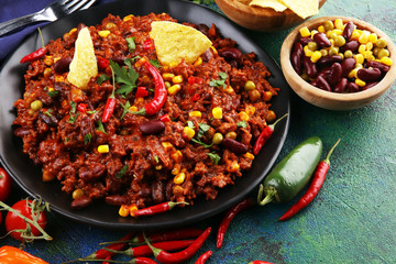 Hot chili con carne. mexican food tasty and spicy wit beans