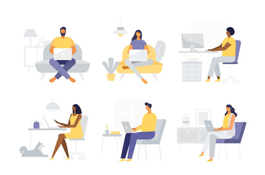 Set of male and female self-employed characters. Freelance people work in modern office. Man and woman business concept. Vector illustrations in flat design, white background isolated 