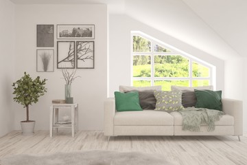 White living room with sofa and summer landscape in window. Scandinavian interior design. 3D illustration
