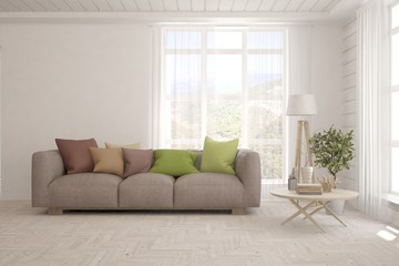 White living room with sofa. Scandinavian interior design. 3D illustration